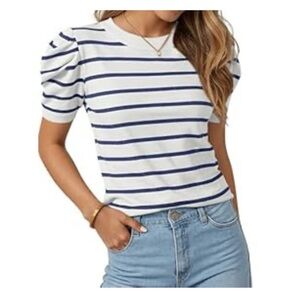 Women’s White & Blue Striped Puff Sleeve Knit Top Size Small